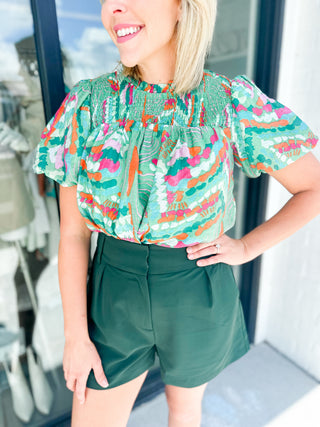 Green Printed Puff Sleeve Top