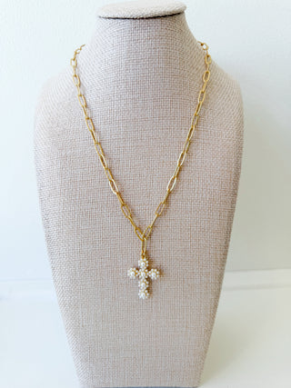 Pearl Flower Cross Paperclip Necklace