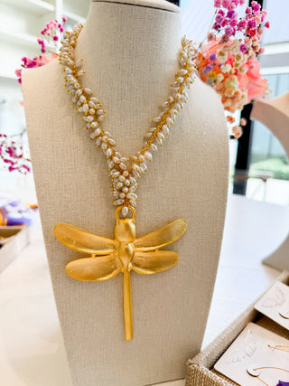 Dragonfly Pearl Rosary Necklace