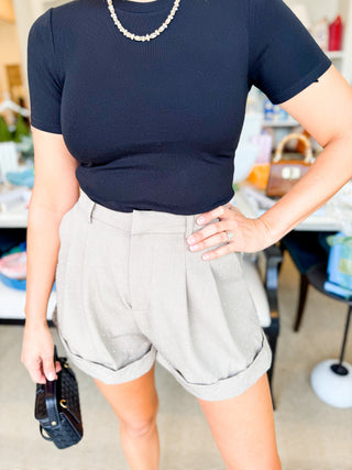 Mocha Rhinestone Cuffed Pleated Trouser Shorts
