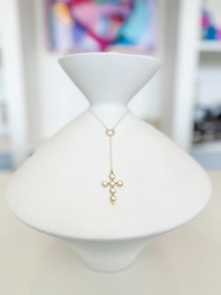 Lariat Pearl Cross Necklace